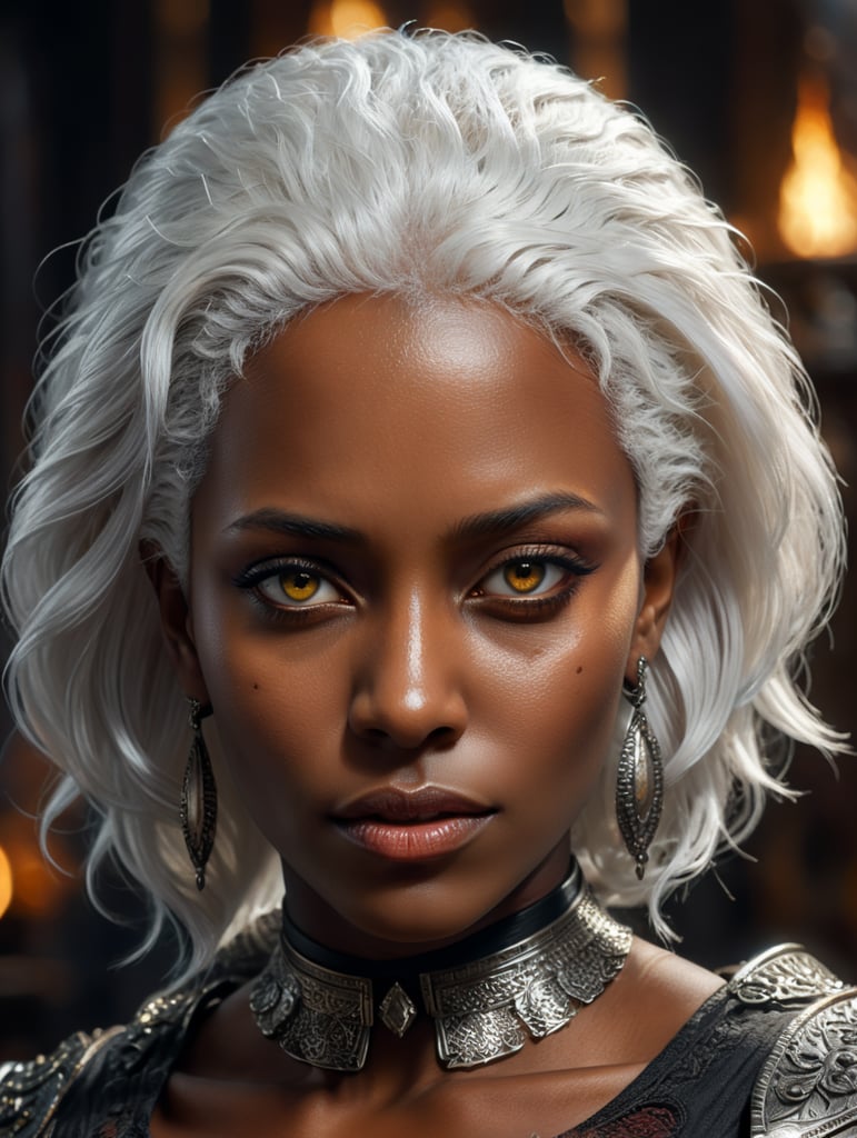 A dark-skinned black woman with white hair and dark-colored eyes