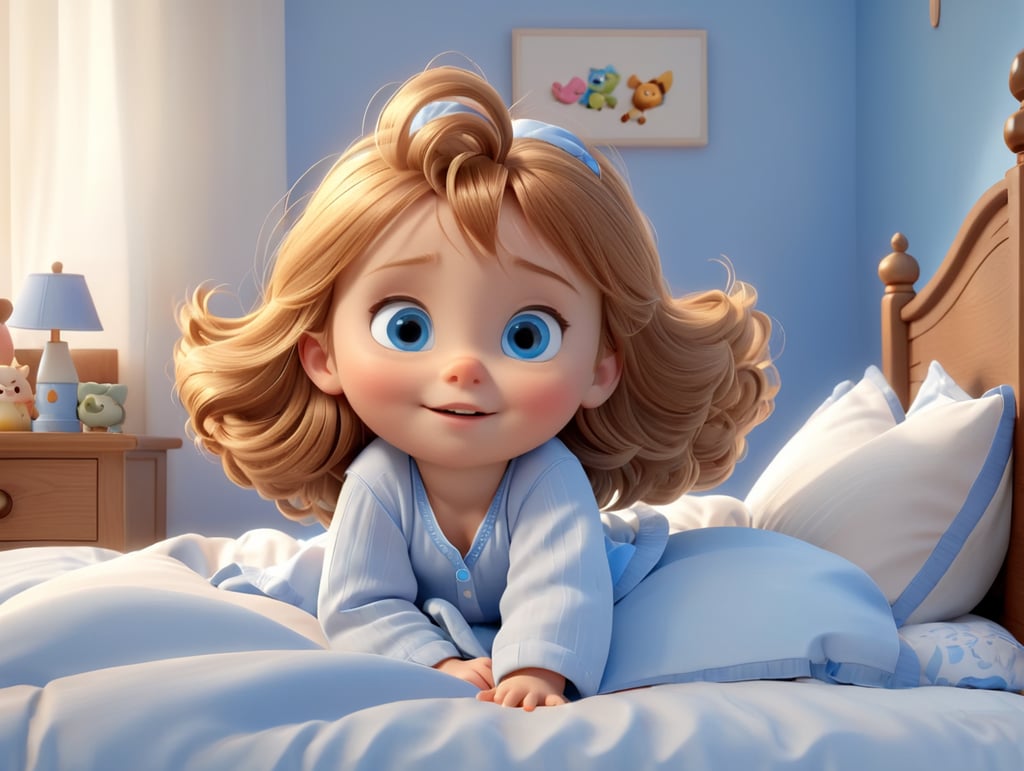 Light brown haired, blue eyed little girl waking up in bed