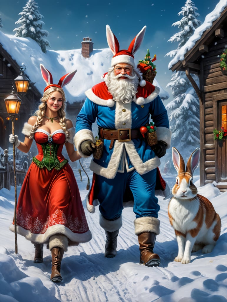 New year's card, Santa Claus and Snow Maiden, rabbit, deere, by Justin Gerard and Greg Rutkowski