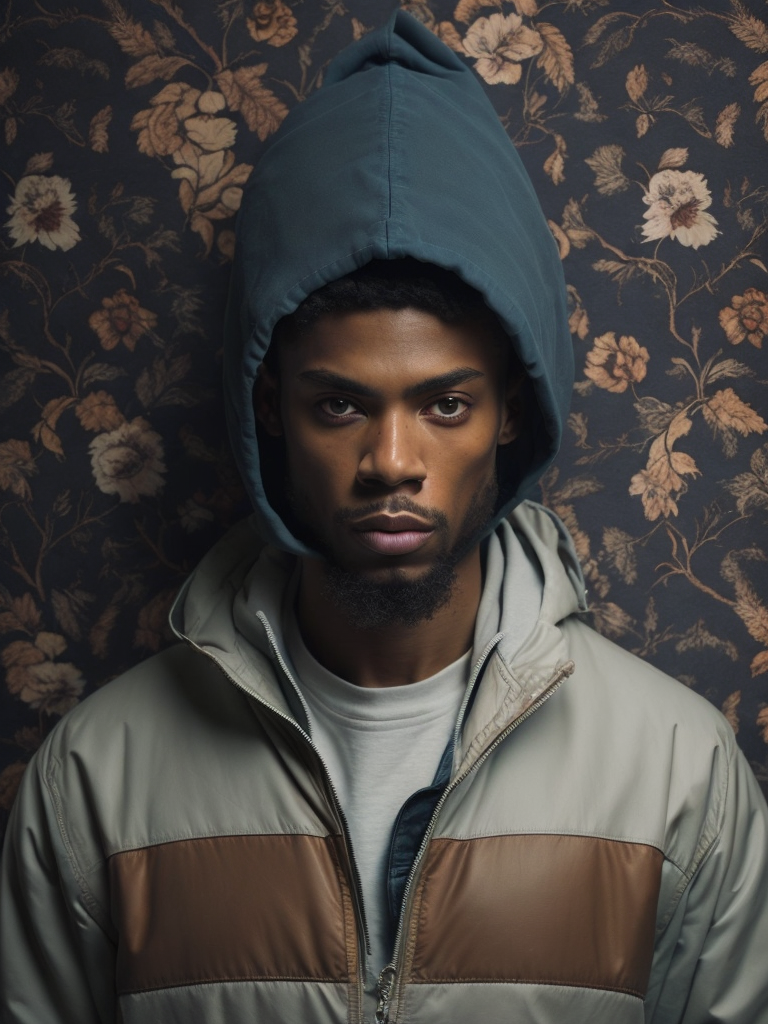 Famous black rapper displayed in illustration format, oil paint, on a gothic floral background - cherry and black colored