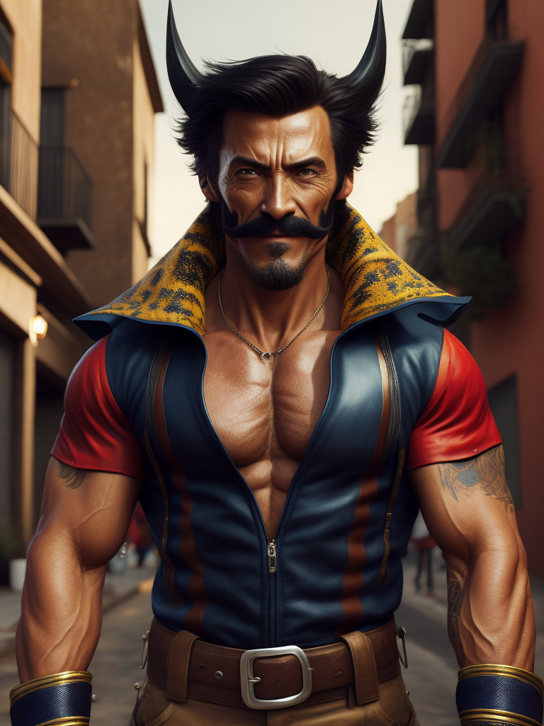 Wolverine x-men character on a mexican street with mexican clothes and bog moustache, with colorful bakcground, vogue and stylish