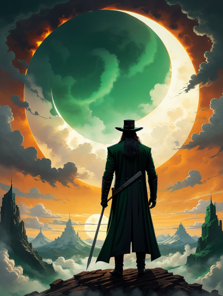 An minimalist flat illustration of a Undertaker facing away | observing a large solar eclipse and clouds in the background | tilted panorama | triadic emerald palette --s 70