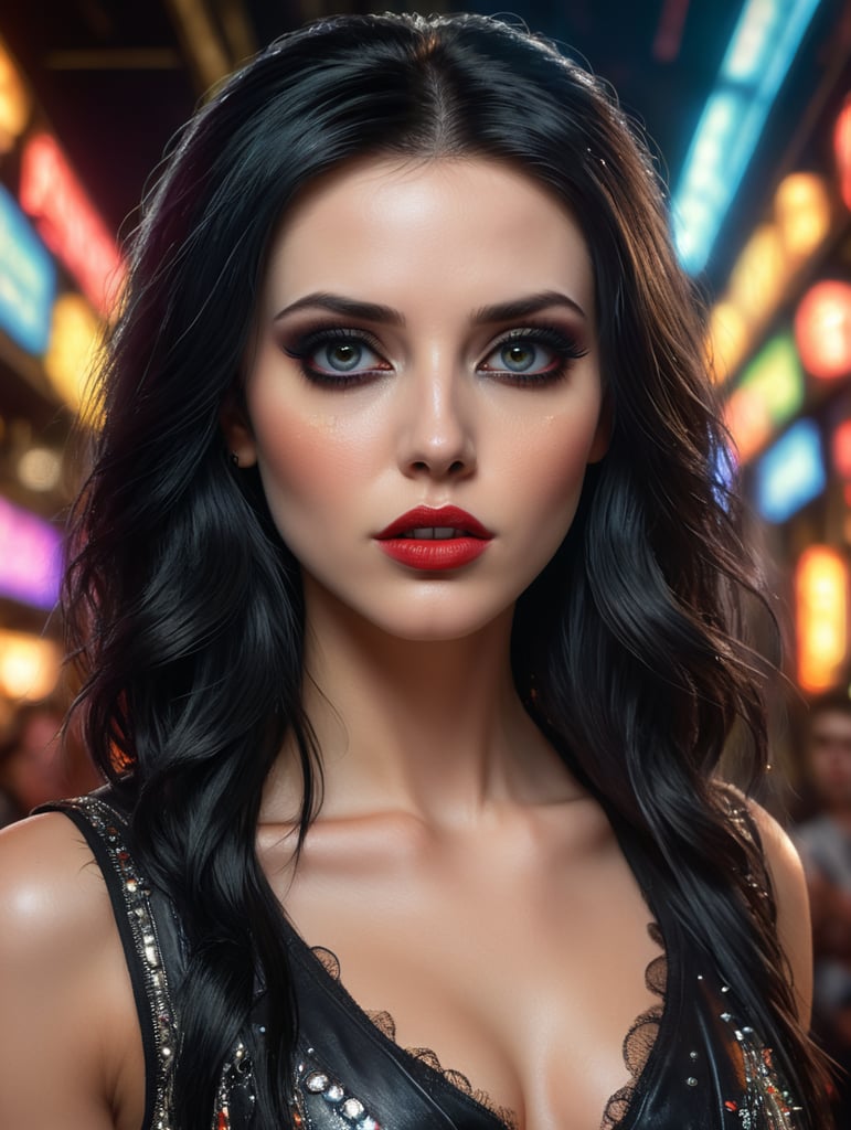 woman in her late 20's with straight black hair pale skin lots of messily applied makeup in a 90's makeup style. nightclub background. black eyes.