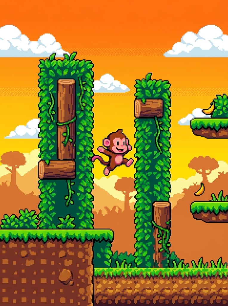 2D pixel art of a small brown and pink monkey character in mid-air, positioned between vertical green foliage walls with embedded brown wooden logs, flat grassy platforms, blocky brown dirt and grass ground, bright orange to yellow gradient sky background, fluffy white pixelated clouds, distant stylized trees, retro video game aesthetic, vibrant colors