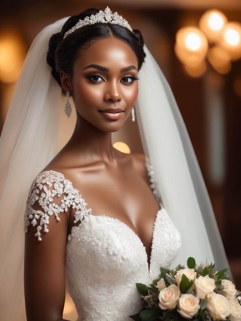 BRIDE IN LUXURY HOTEL WITH DETAILED RETOUCHED SKIN MAYBE BLACK BRIDE, BACKGROUND WITH BOKEH OF AMBIENT LIGHT, SKIN MAYBE CHOCOLATE , east african bride brown skin