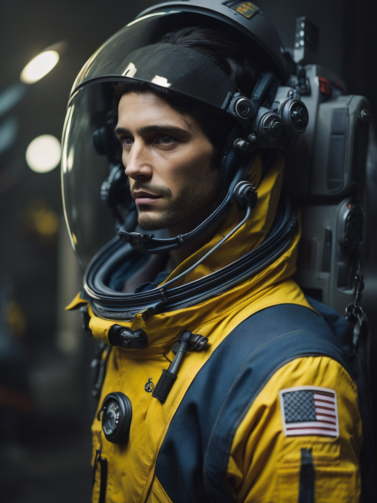 Epic portrait of an male astronaut standing on planet, dark atmosphere, hero pose, thumps up gesture, spaceship in the background, depth of field, incredibly high detailed, vibrant yellow colors, cinematic, Marvel Universe, concept art