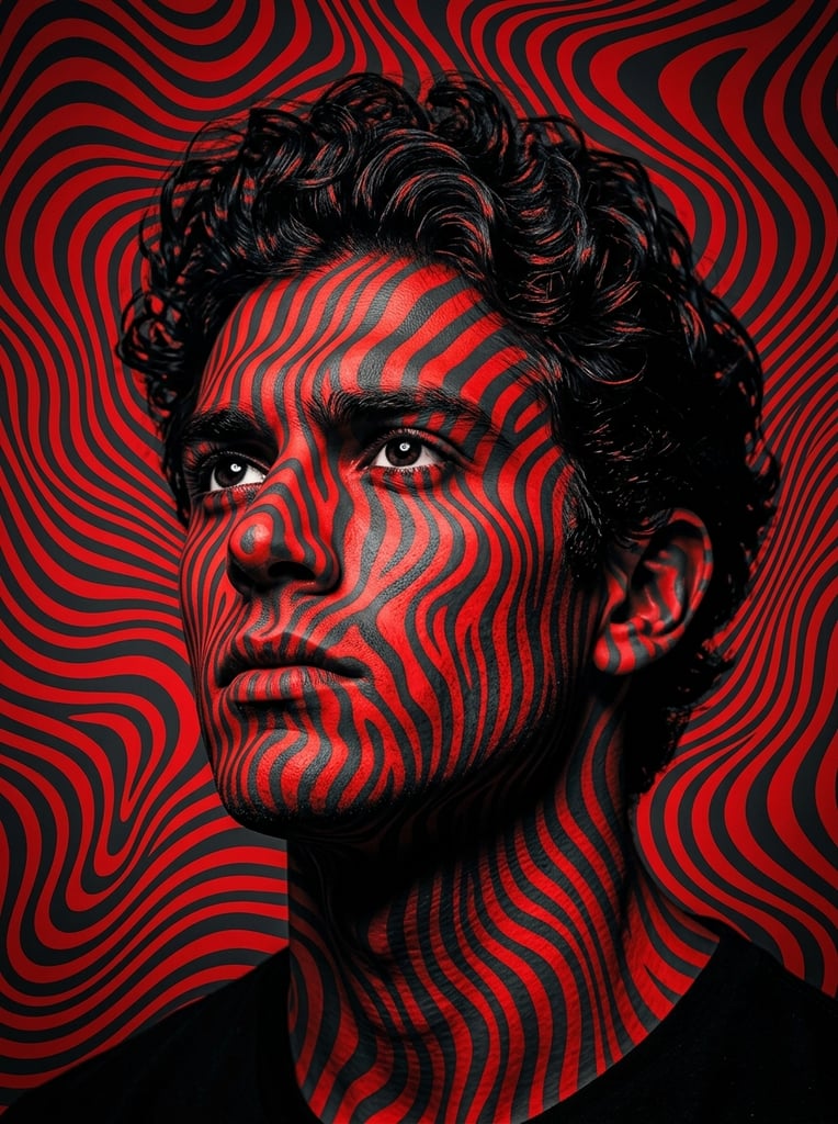 young man with dark curly hair, intense upward gaze, face and background unified by seamless bold red and dark grey undulating stripes, wavy hypnotic optical illusion, high-contrast graphic portraiture
