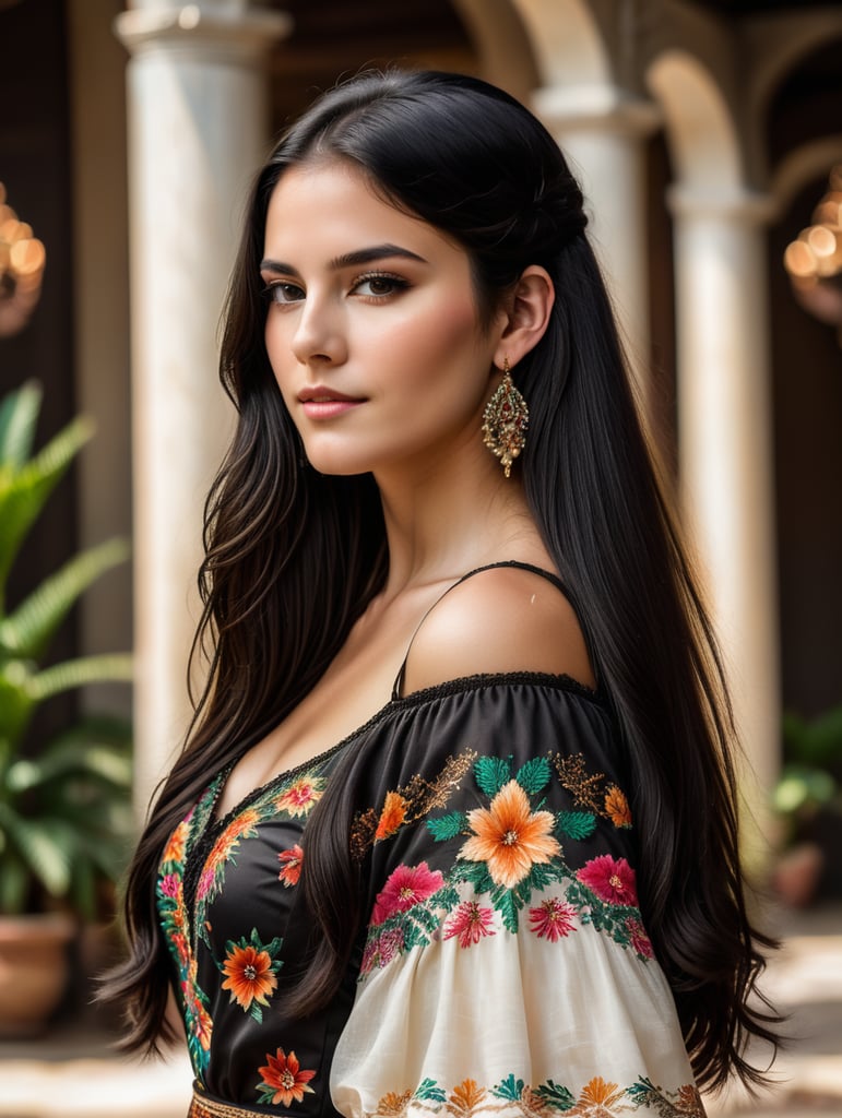 uma linda garota branca com cabelos lisos compridos e pretos ela veste um lindo vestido em um ambiente mexicanos