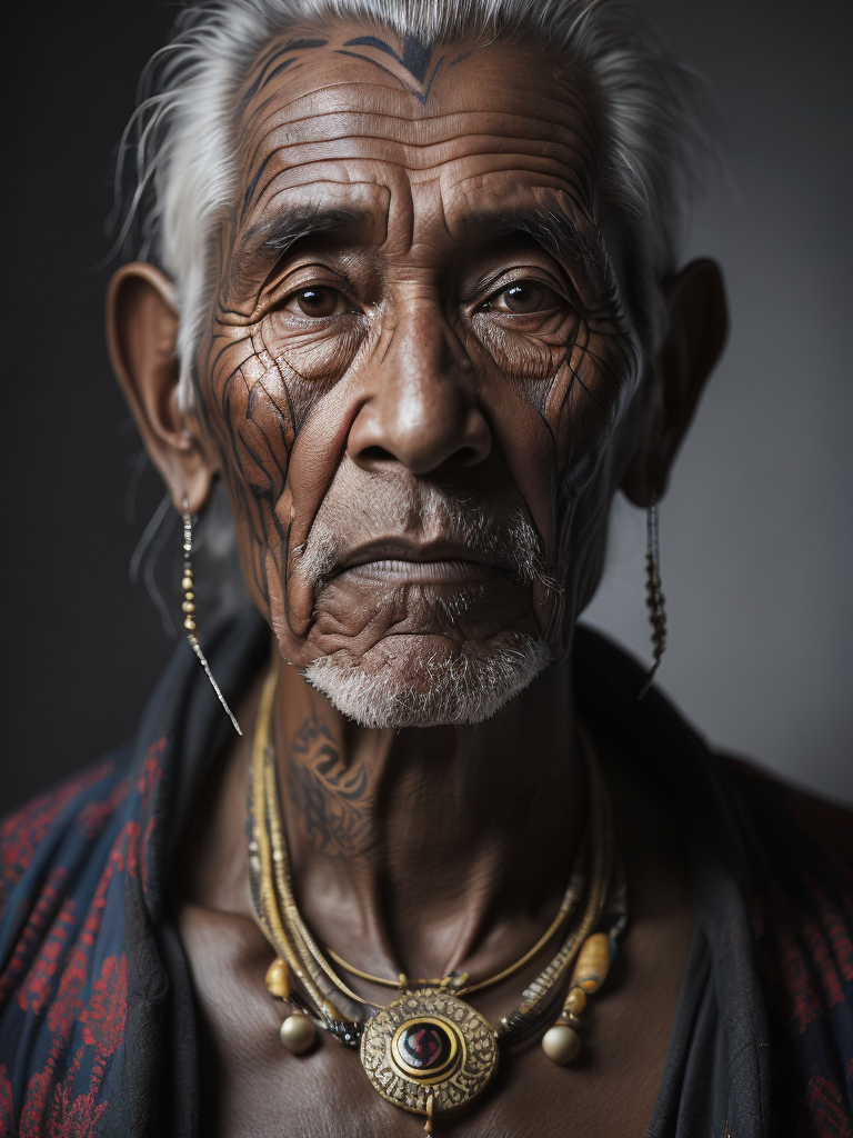 Portrait of a tribal elder with a face tattoo, photography, beautiful, black background, colorful, realistic, masterpieces, top quality, best quality, official art, beautiful and aesthetic