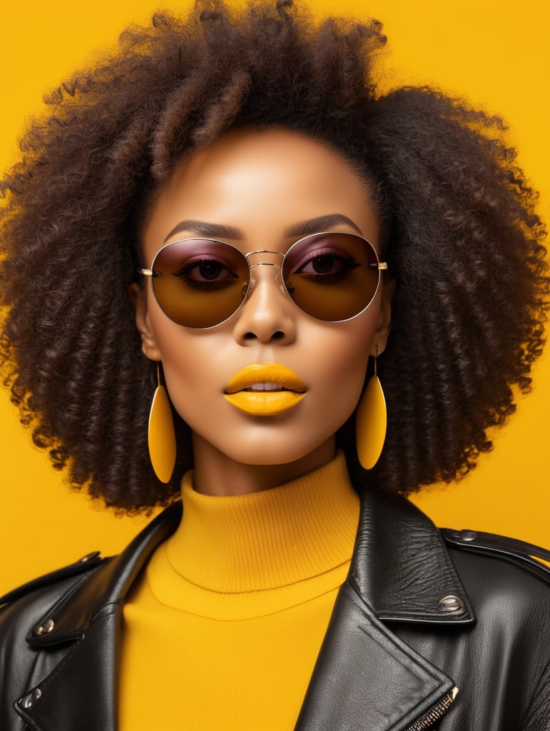 African woman with afro hair style wearing sunglasses, fashion shoot, only face, yellow background, studio photography, magazine cover, ultra bright colors