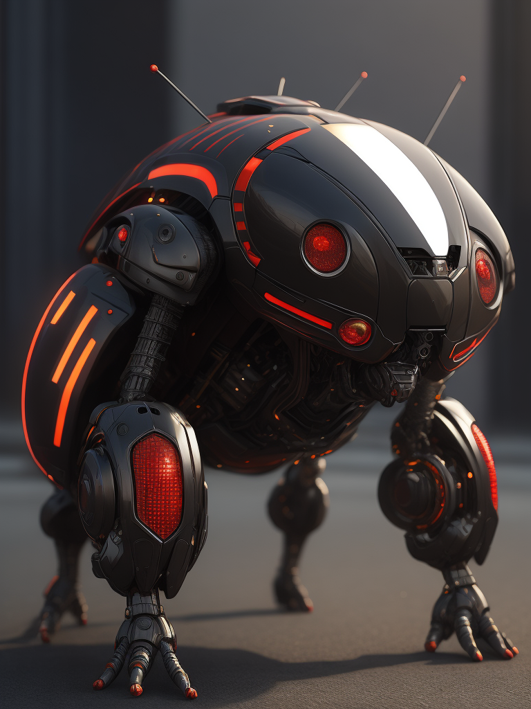 3d cybernetic ladybug robot, shiny materials, carbon fiber, internal red led lights