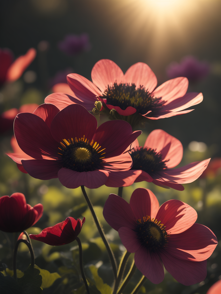 цветы анемоны, светит солнце в саду