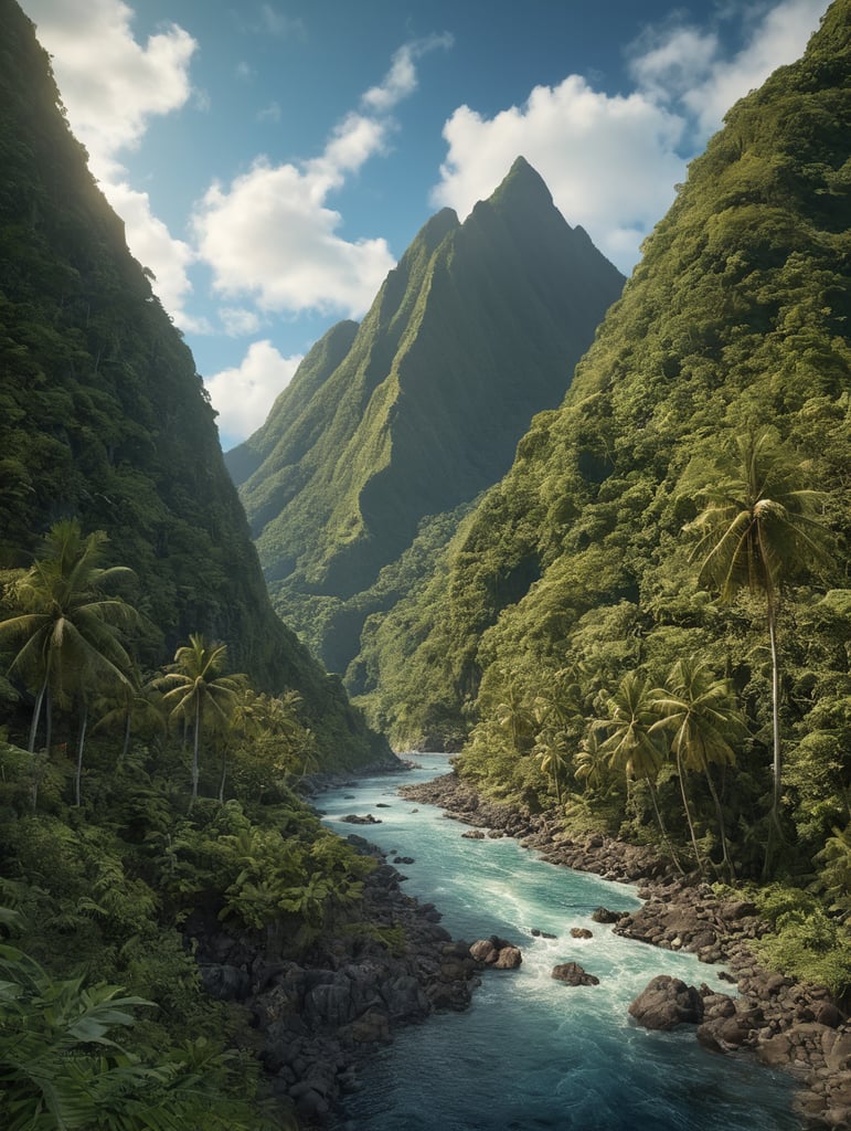 American Samoa, Island with minimal short Mountains, river running from ocean into a valley, ocean only on the bottom middle running up to the right, clear blue sky