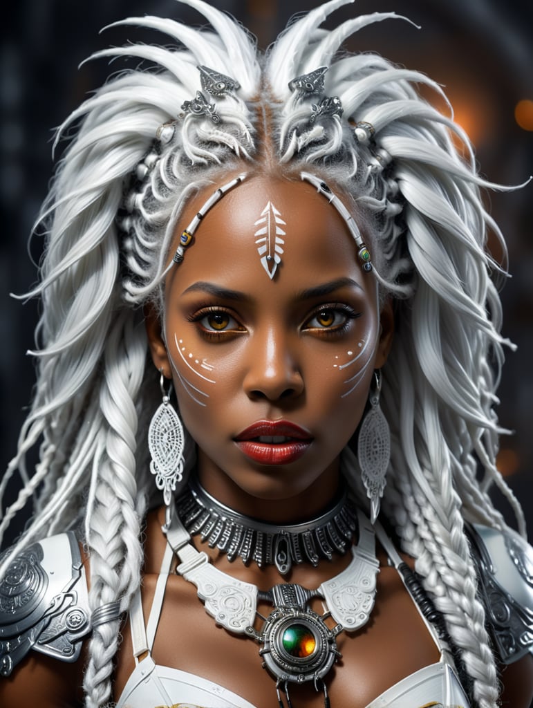 African american woman with deep dark skin, white dreadlocks, inviting gaze, white lips, beautiful eyes, white body harness, silver paint background, drawn on paper