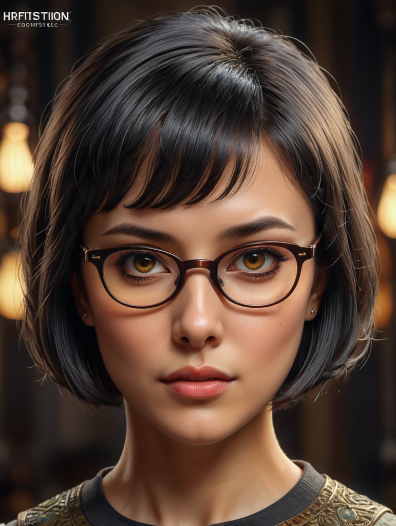 Жена с черна къса коса, къс бретон,очила и кафяви очи