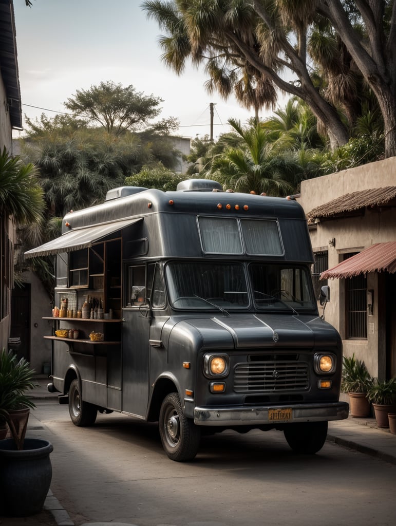 Dark grey vintage food truck standing in a mexican village, muted tones