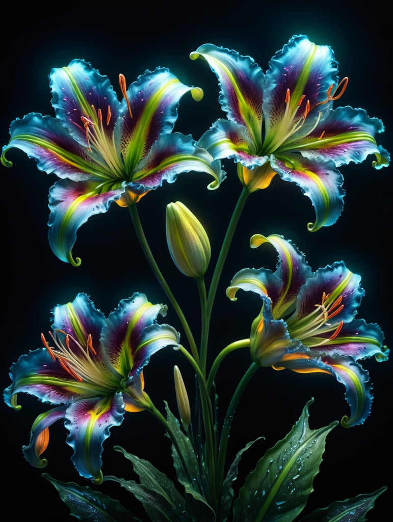 bioluminescent flower Lily, hyper detailed rendering, 4k, magic light, neon watercolours