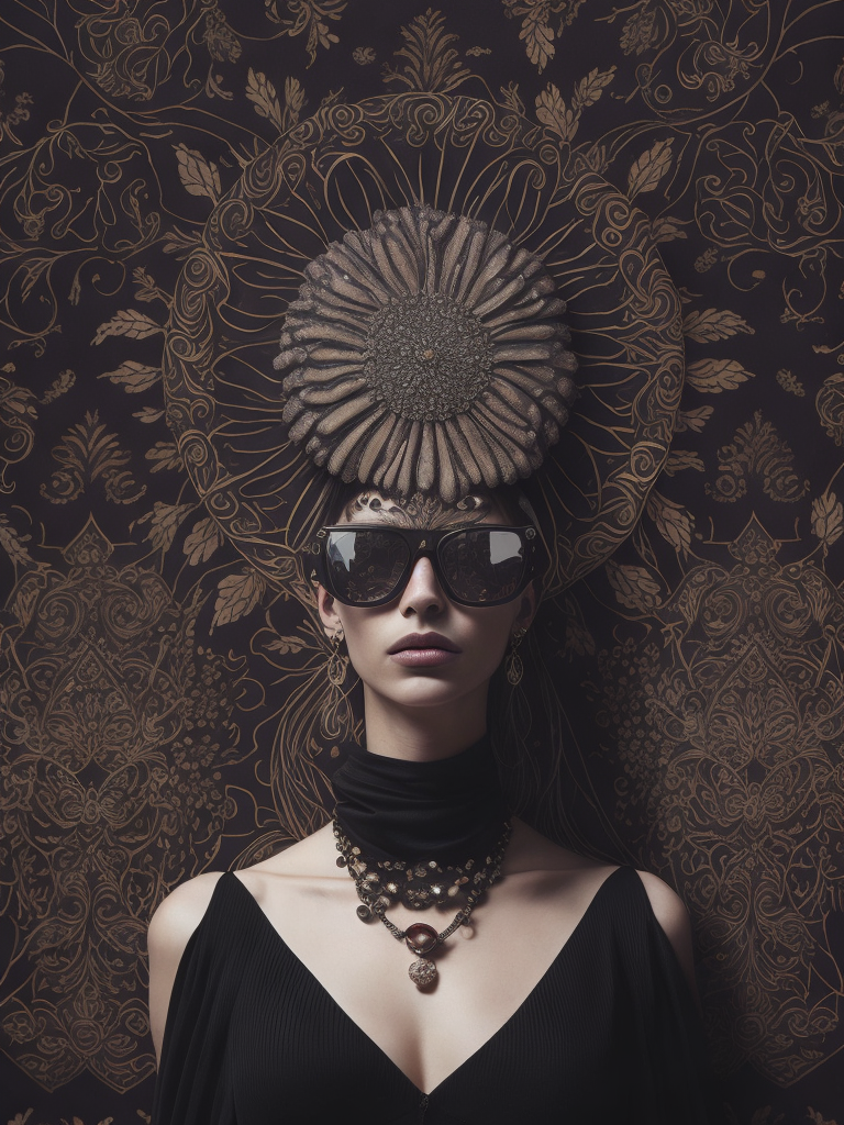 a chromogenic carbon print of a woman wearing a dress of biomorphic turing Morphogenesis made of moth, beetle, orchid, islamic patterns, penrose tiling, arabesques, Girih tiles, lattice, corals, Belousov–Zhabotinsky reaction vortex crown sunglasses, Phyllotaxis headress, pufferfish gloves, Slime mould jewelry, Meanders silver belt ornament, photograph in the style of William Eggleston, Marie Cosindas, Carolina Mizrahi, Sarah Moon,