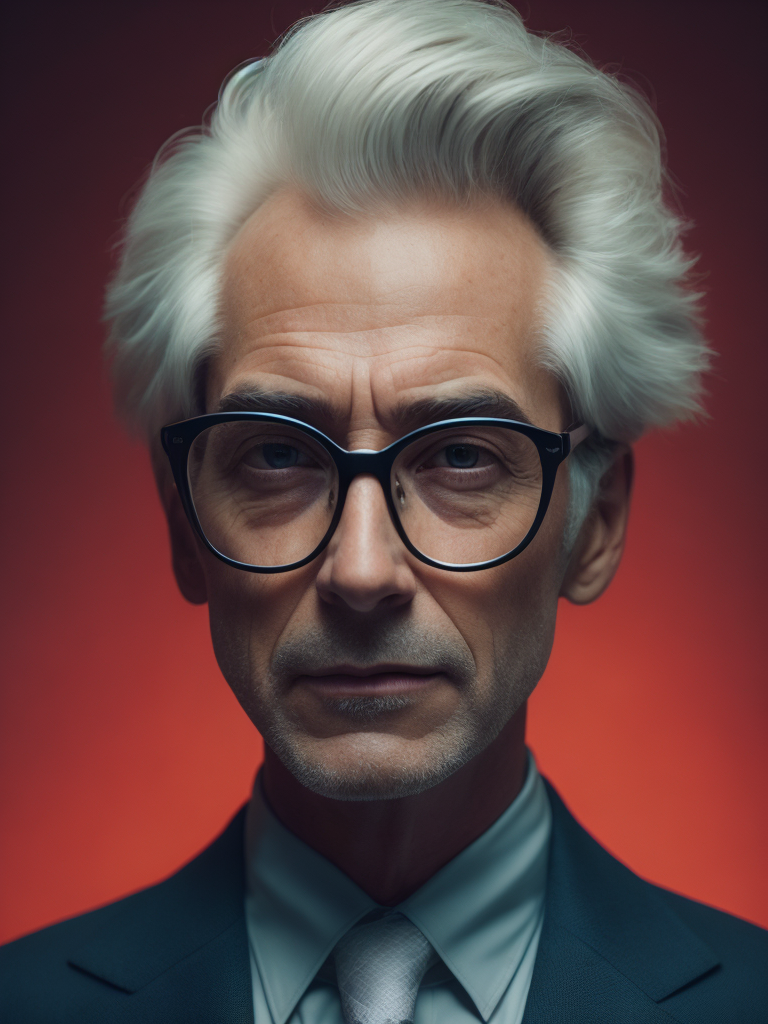 Portrait of an American man in a light suit with white hair wearing glasses with black thick rims, portrait in the style of advertising 50s, red background, sharp focus, highly detailed, vintage advertising, retro style