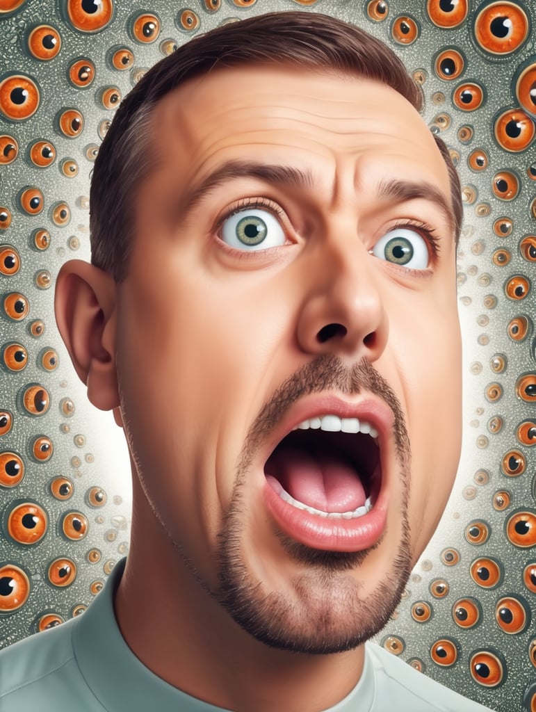 Hypnotized man starring, brainwashed, mind controlled, with large cartoon spiral eyes, tongue sticking from his mouth salivating, photo from the neck up, cartoon-styled, illustration, vector art