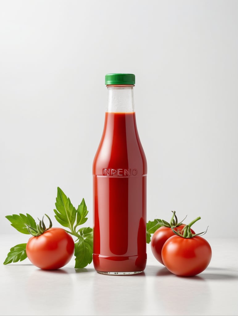tomato ketchup bottle, red tomato with green leaves, isolated, white background