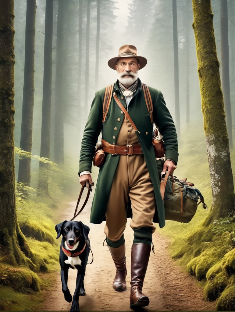 Retro poster an old Austrian hunter with a hunting dog walks along a forest path, dressed in traditional Austrian clothes, carrying a backpack with things, caught game in his belt