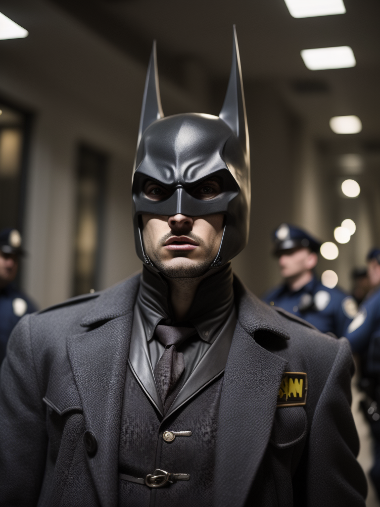 batman arrested by police in 1954, candid photo, in the style of weegee