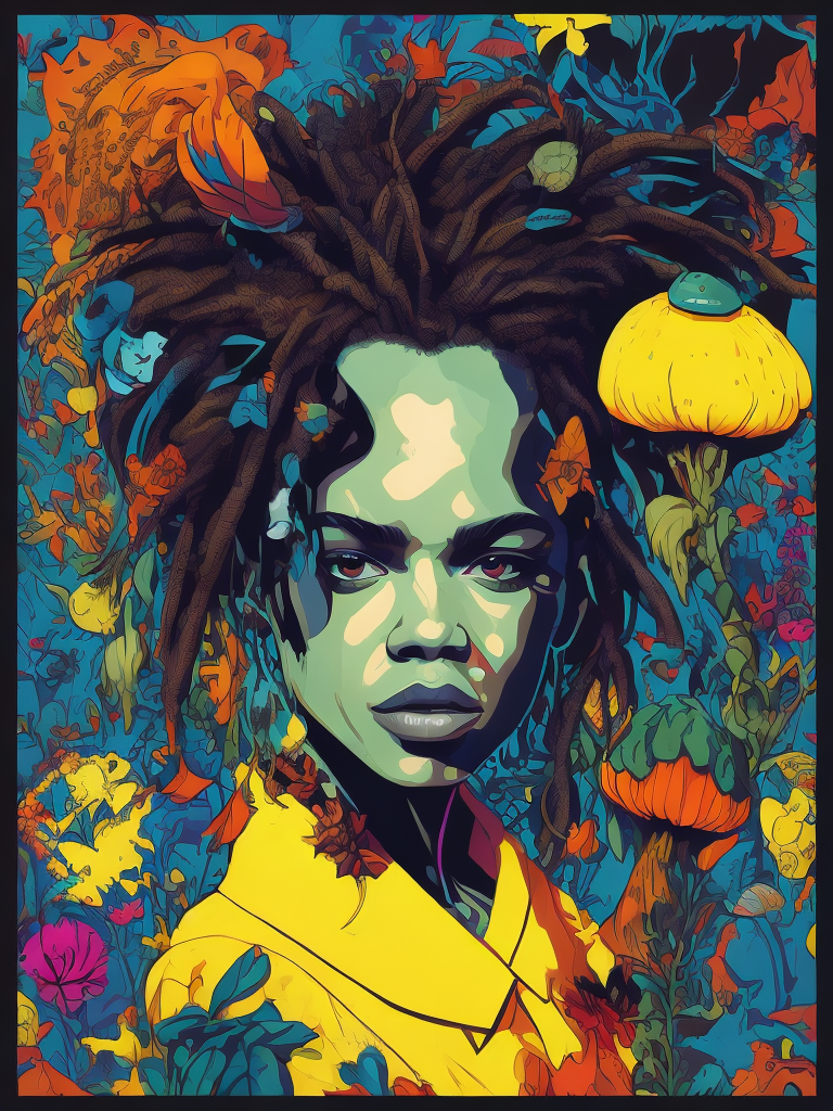 perfect art HIGH QUALITY details alice from alice in wonderland ,lost in a magic forest have super giants mushrooms , VECTOR PRINT DISIGN WITH CLOTHES. streetwear design, full design, (dress RAVE style graffity by Basquiat white, blue, purple, pink, red, black acid colors only,) (((Ultra high details. perfect detailed face,))) detailed symmetric hazel eyes with circular iris , (background by Basquiat green, brown, yellow acid colors only), solid colors, no shadows, full design, warm colors, sticker, bright colors, DISELpunk, victoria, half body. vibrant vector. deep lines, heavy strokes. unreal engine 5 graphics engine