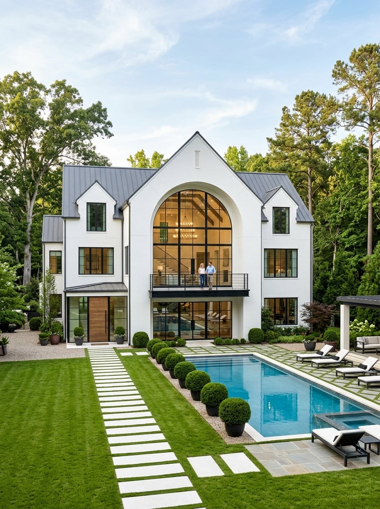 Modern white mansion with a massive central arched window, dark pitched roof, and black balcony holding two figures. A white stepping-stone path and rectangular pool with spherical topiaries sit in a manicured lawn surrounded by tall trees. Bright daylight architectural rendering.