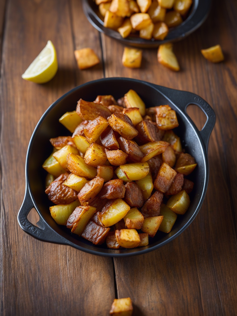 cepti kartupeļi ar sulīgu ceptu gaļu uz koka fona