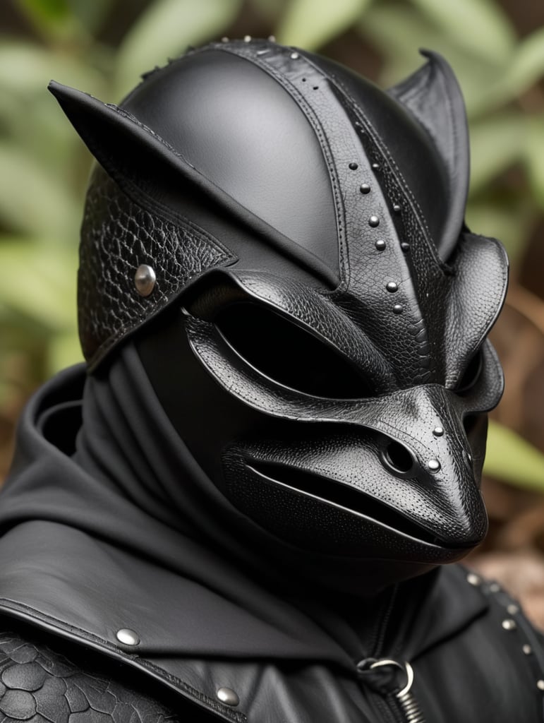 create a close up of a black leather masked, hooded black toad made up from leather skin
