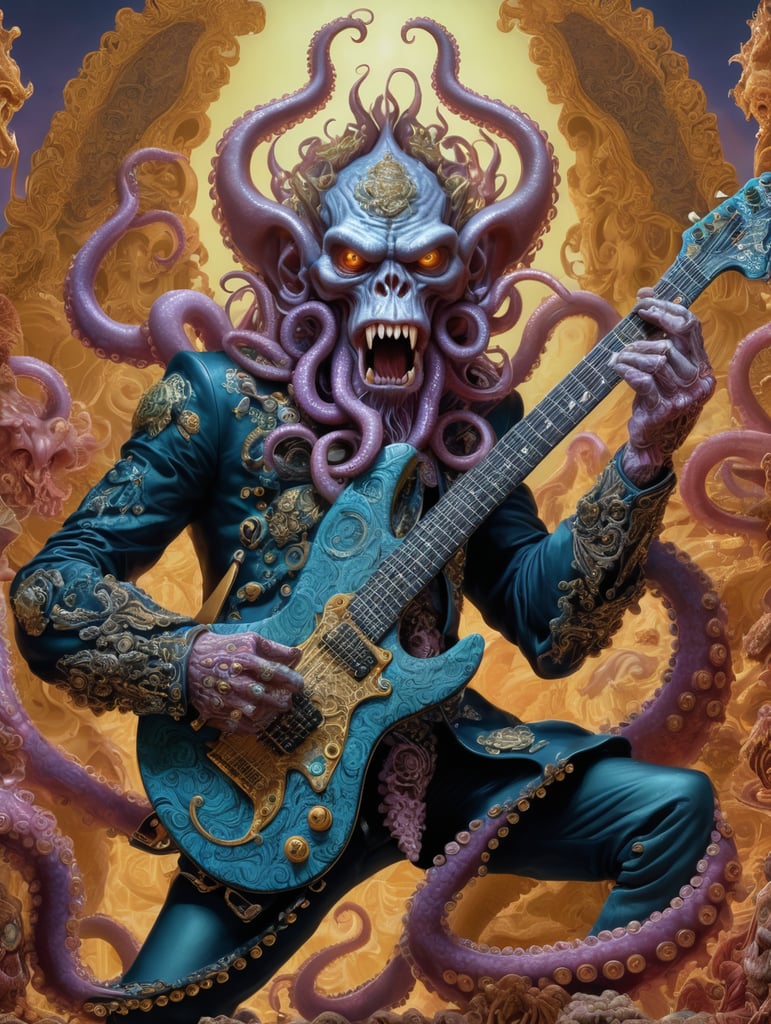 monkey octopus demon playing a heavy metal guitar, made of fractal LSD and rococo DMT, in the style of iconic album covers, style of Robert Williams, Nychos, artofsickness666, extremely detailed, insanely detailed and intricate, hypermaximalist, high detail, concept art