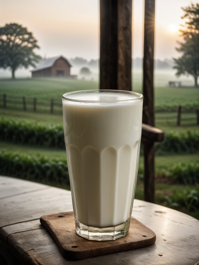 A mockup of a glass of milk, early morning, fog, farm blurred background