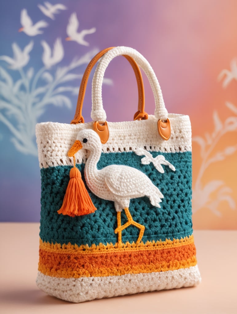 Crochet túi xách với hoạ tiết con cò trắng nền nhiều màu sắc