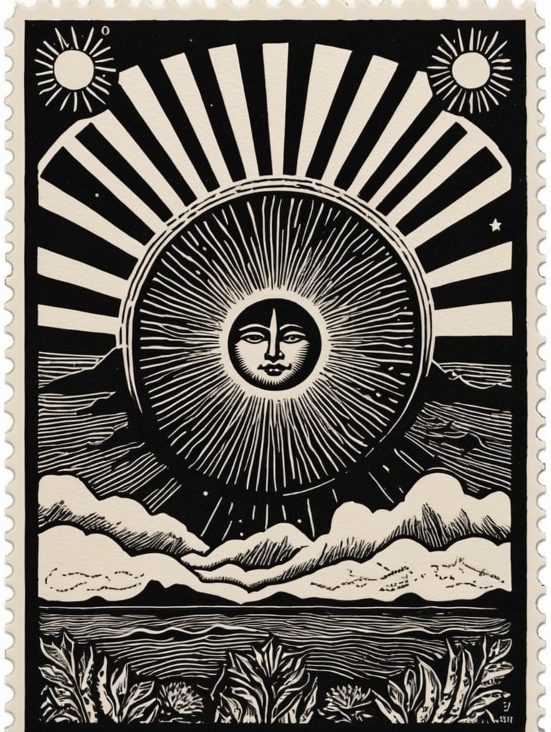 Black and white linocut postage stamp sun tarot thick bold dark lines