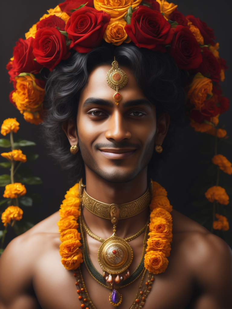 erstelle mir ein bild von gott, dem höchsten herrn, in der form von krishna. mit rosen und tagetesblumen als girlande, einem süßen lächeln und wunderbar liebenden augen