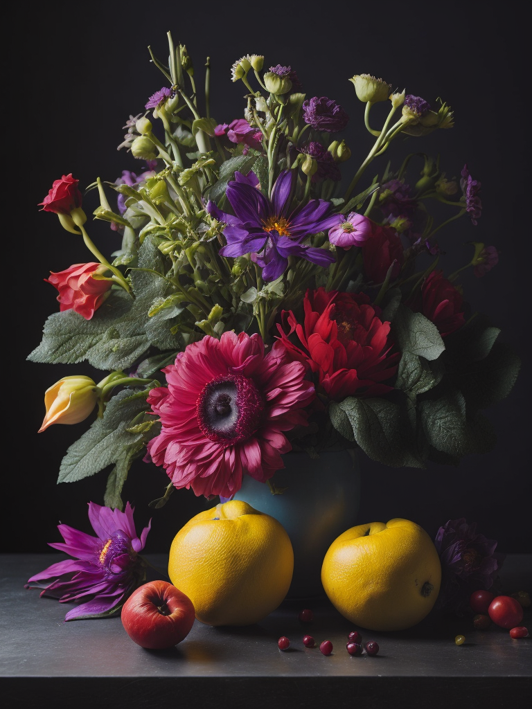 Craft a hyper-realistic still life painting showcasing a bouquet of exquisite flowers and fruits