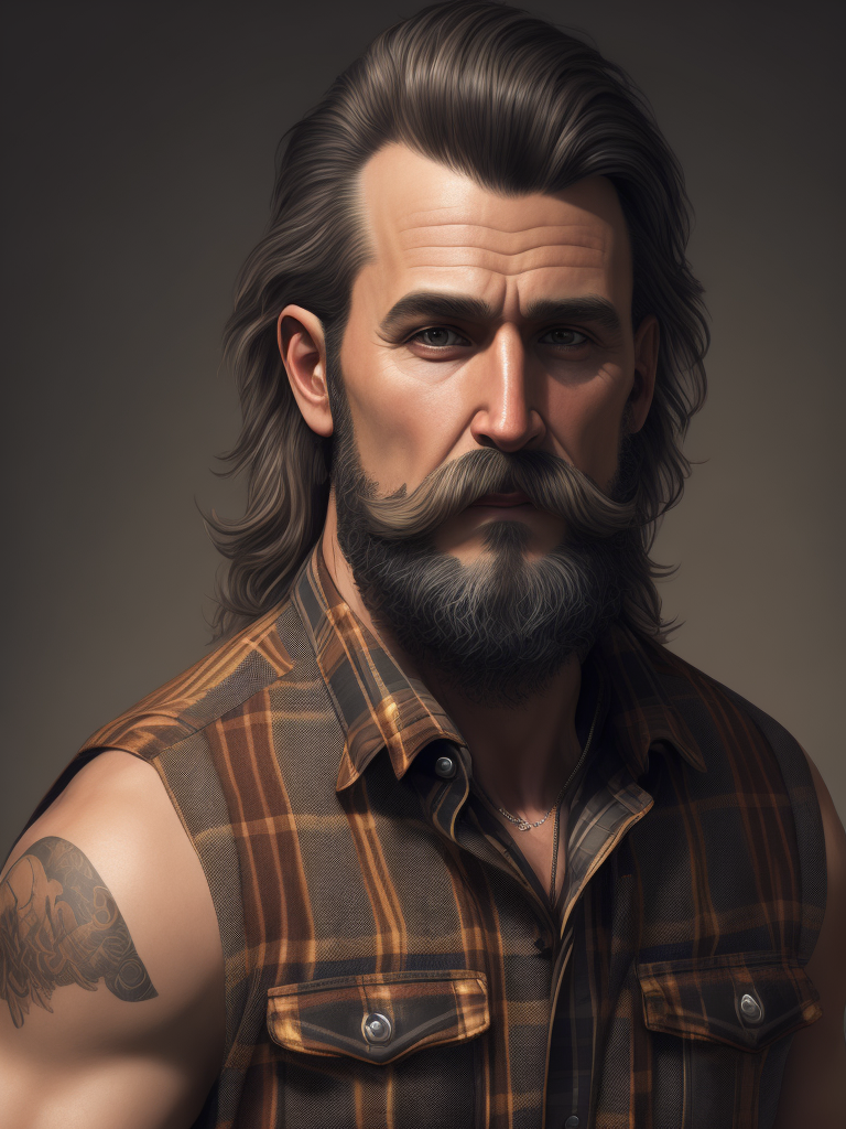 portrait of redneck man, plaid sleeveless shirt, horseshoe mustache, mullet haircut