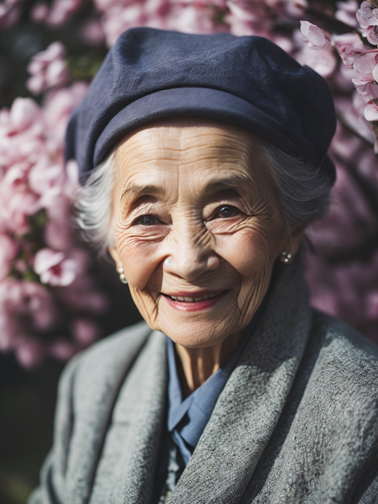 grandma, 90 years old, smile, looking straight into the camera, cherry blossom background, detailed