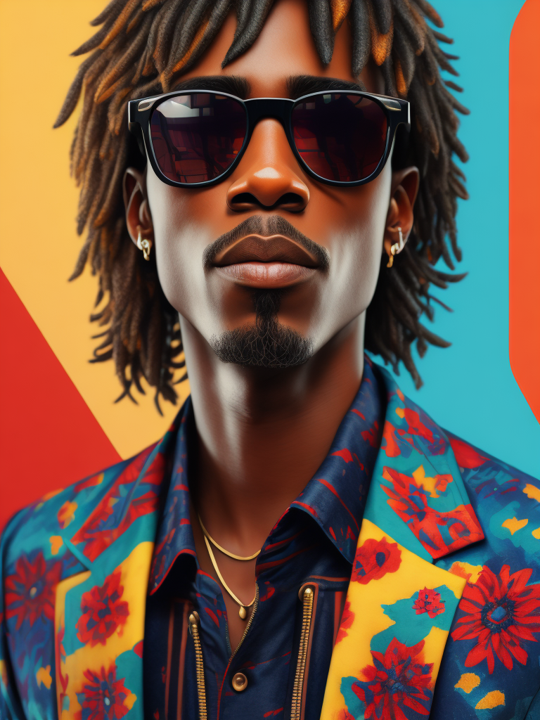 Tupac wearing a brightly patterned jacket and wayfarer glasses, Vivid saturated colors, Contrast color