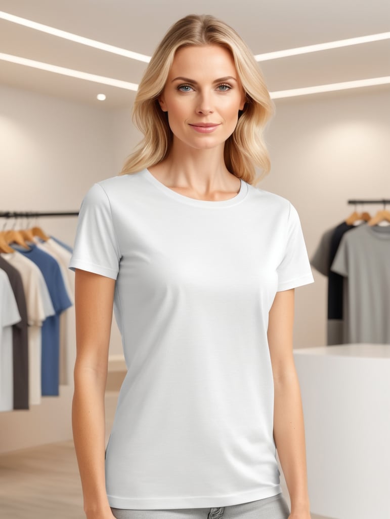 Woman wearing T-Shirt in Clothing Store Mockup