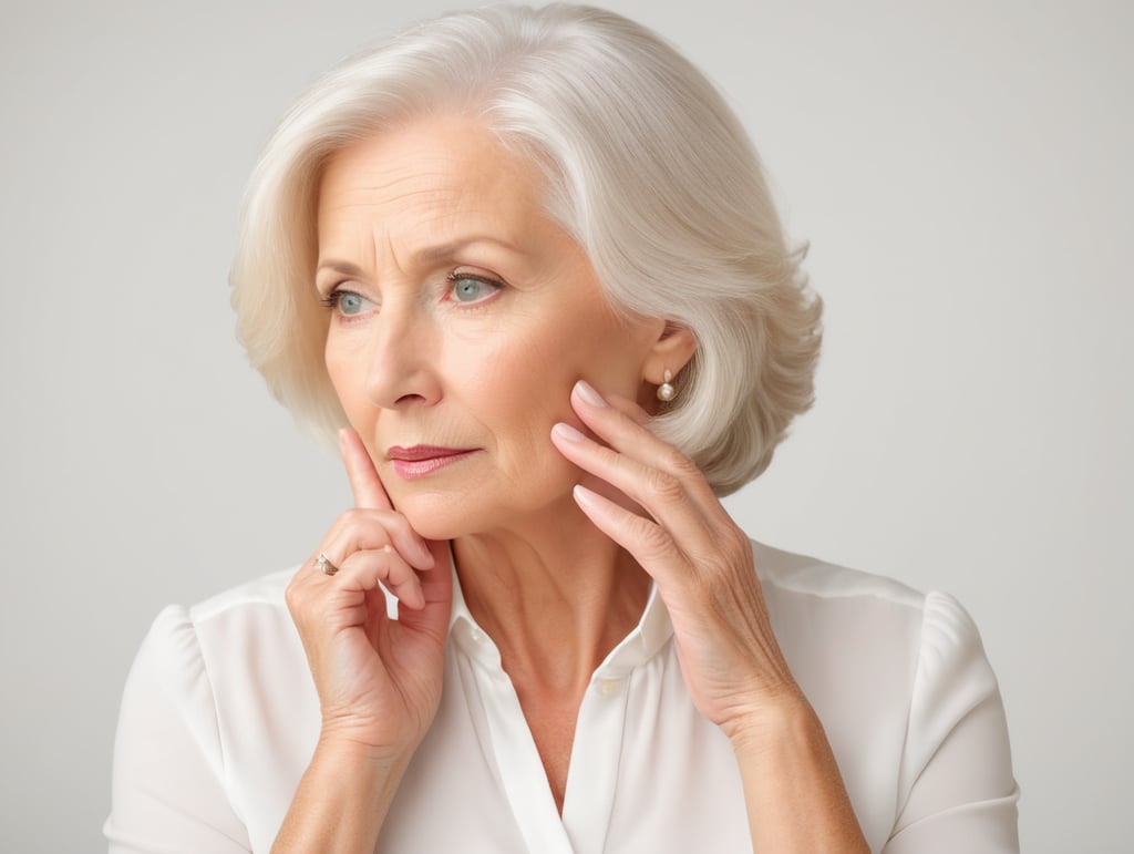 Blonde middle aged woman ponders on something keeps hand near face, white hair, white blouse, mature women, pretty old women, isolated, white background