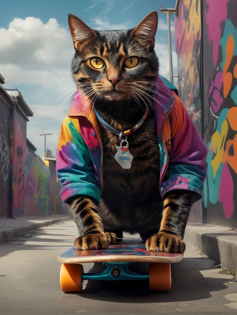 Um gato preto andando de skate usando roupas coloridas, um cenário com grafites
