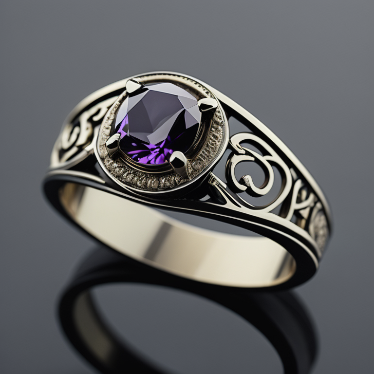 Золотое кольцо с руандийским аметистом в готическом стиле, отделка мелкими черными бриллиантами