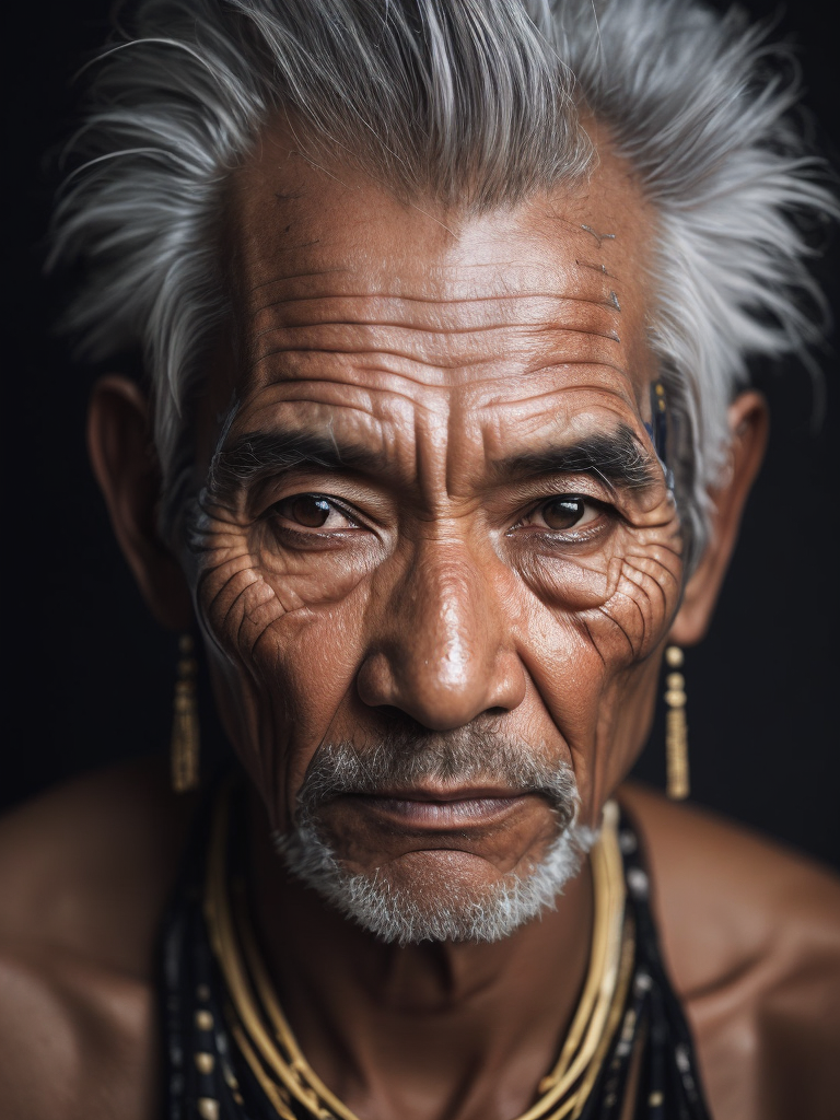 Portrait of a tribal elder with a face tattoo, photography, beautiful, black background, colorful, realistic, masterpieces, top quality, best quality, official art, beautiful and aesthetic
