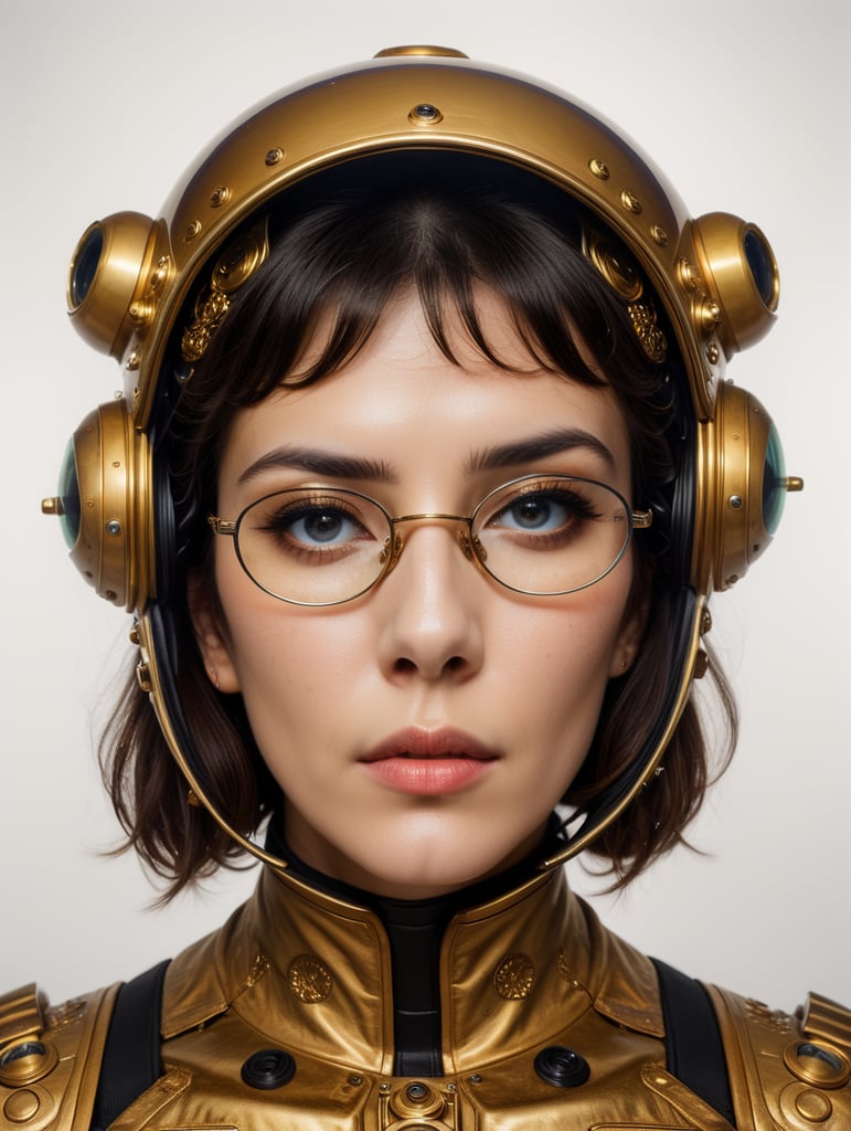 In 1998, abstract fashion photography captured a 1960s astronaut woman in a gold spacesuit with a large helmet and glasses. The art, created by Victor Moscoso and Bridget Riley, used Kodak Ektar 100 film. Carne Griffiths added a touch of magic with fluid art, while artists like Conrad Roset, Ilya Kuvshinov, Mark Fielding, and Zwy Studio emphasized high lights in the eyes. Sergio Lopez and Natalie Shau also contributed to the artwork.