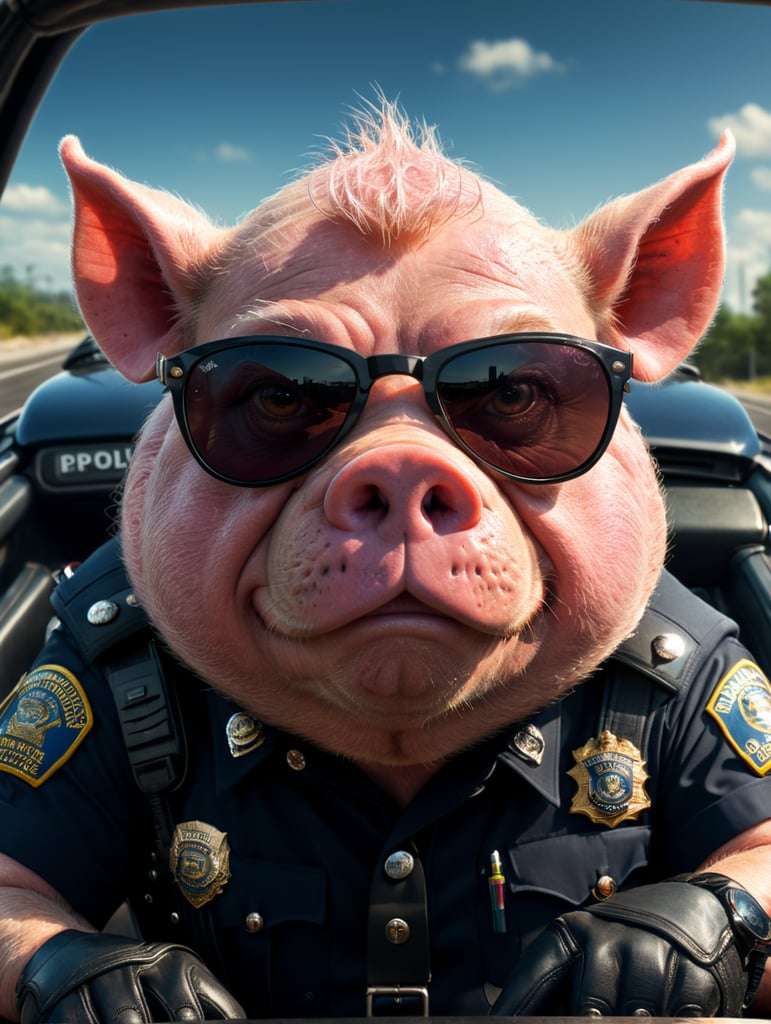 A angry pig police officer, sitting behind the wheel of a police car, close-up shot, sunglasses, clipart, stock photo