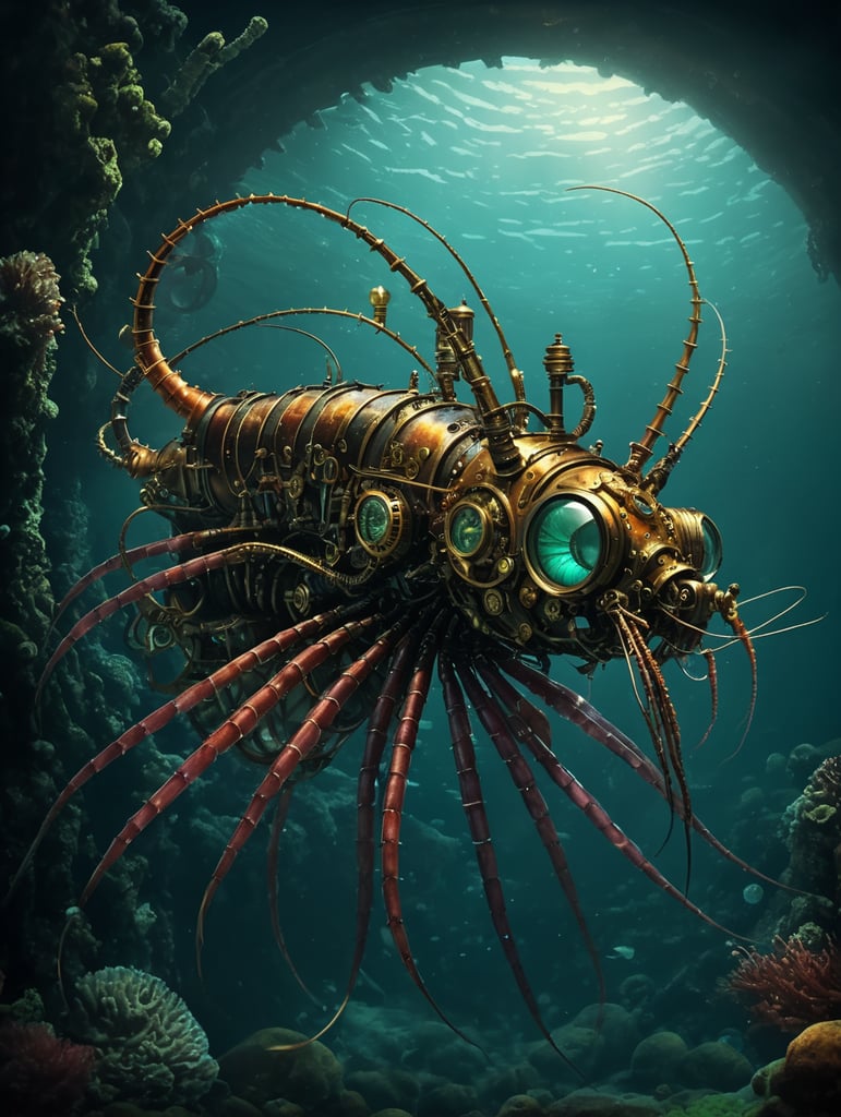 image beautiful steampunk unique artwork fantasy, steampunk style deep sea shrimp (Sergestes similis), skilled steampunk craftsmanship, isolate, deep ocean dark setting,