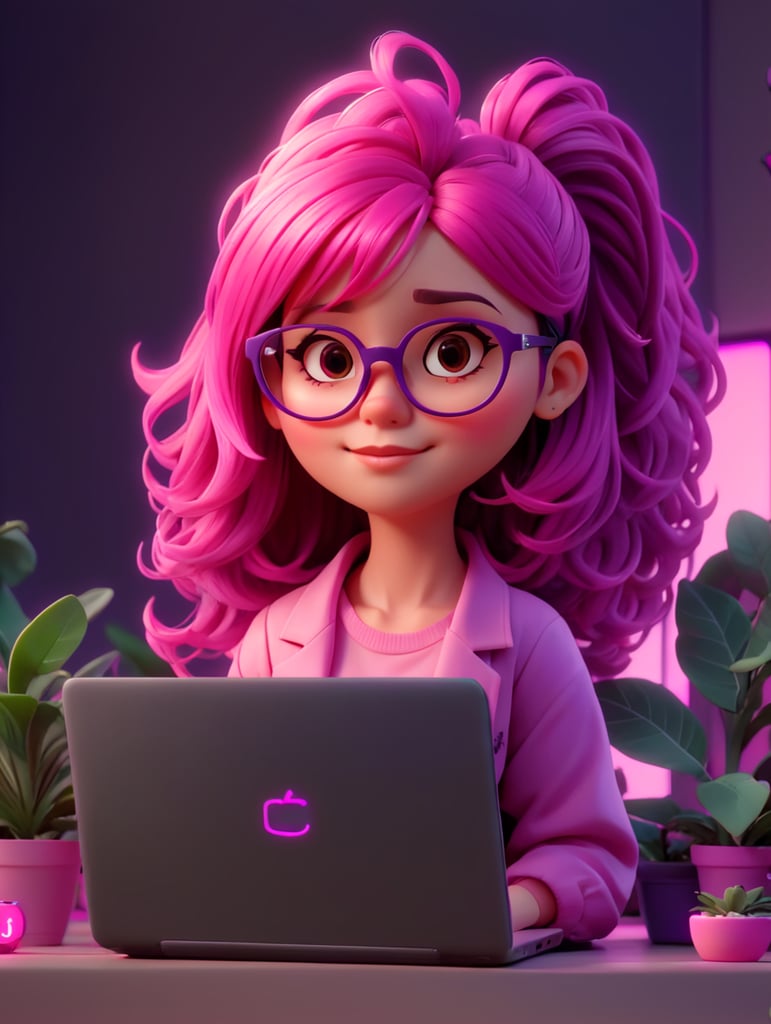 A young cool girl with glasses pink scene a laptop with a no brand. make the hair pink and violet, more neon style and more plants in the background