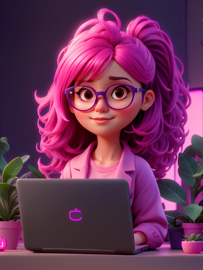 A young cool girl with glasses pink scene a laptop with a no brand. make the hair pink and violet, more neon style and more plants in the background
